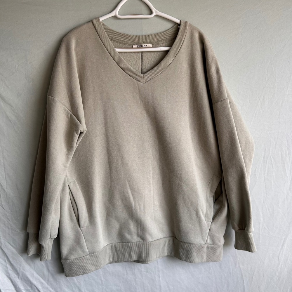 Zenana Womens Khaki Beige V-Neck Oversized Fleece Sweatshirt Pockets OT-35022 L